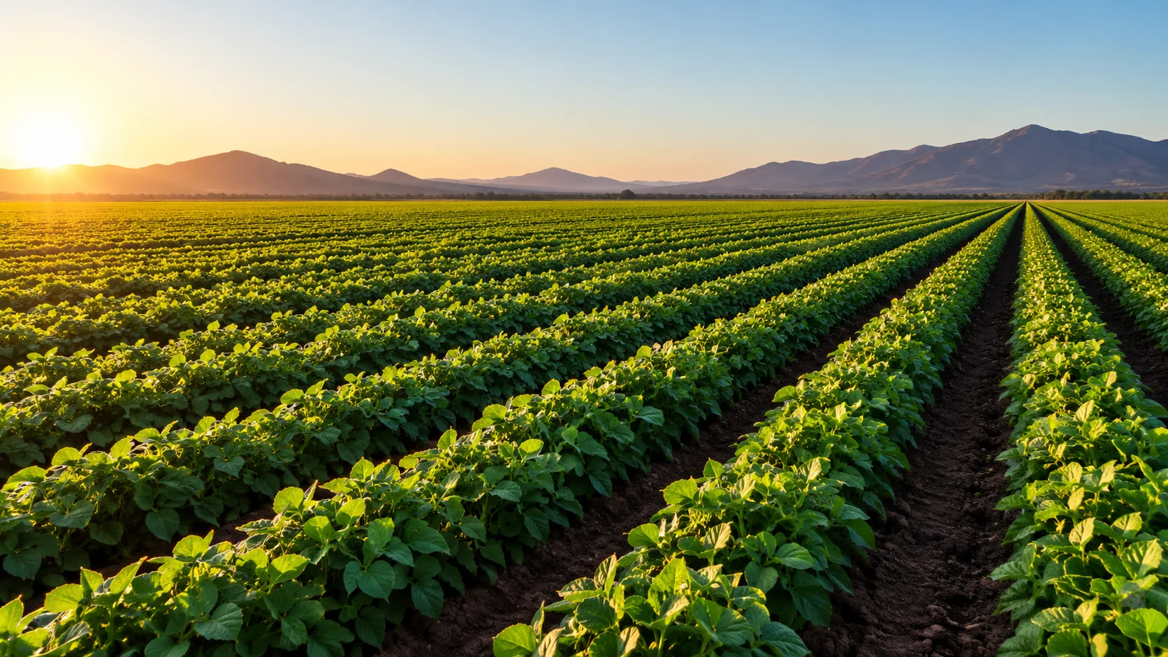 Surcos de cultivo verde bajo la luz del sol