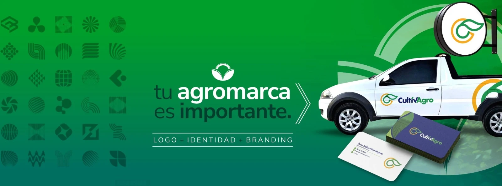 Material de AGRO LOGO con aplicaciones de identidad CultivAgro en vehículo y tarjetas